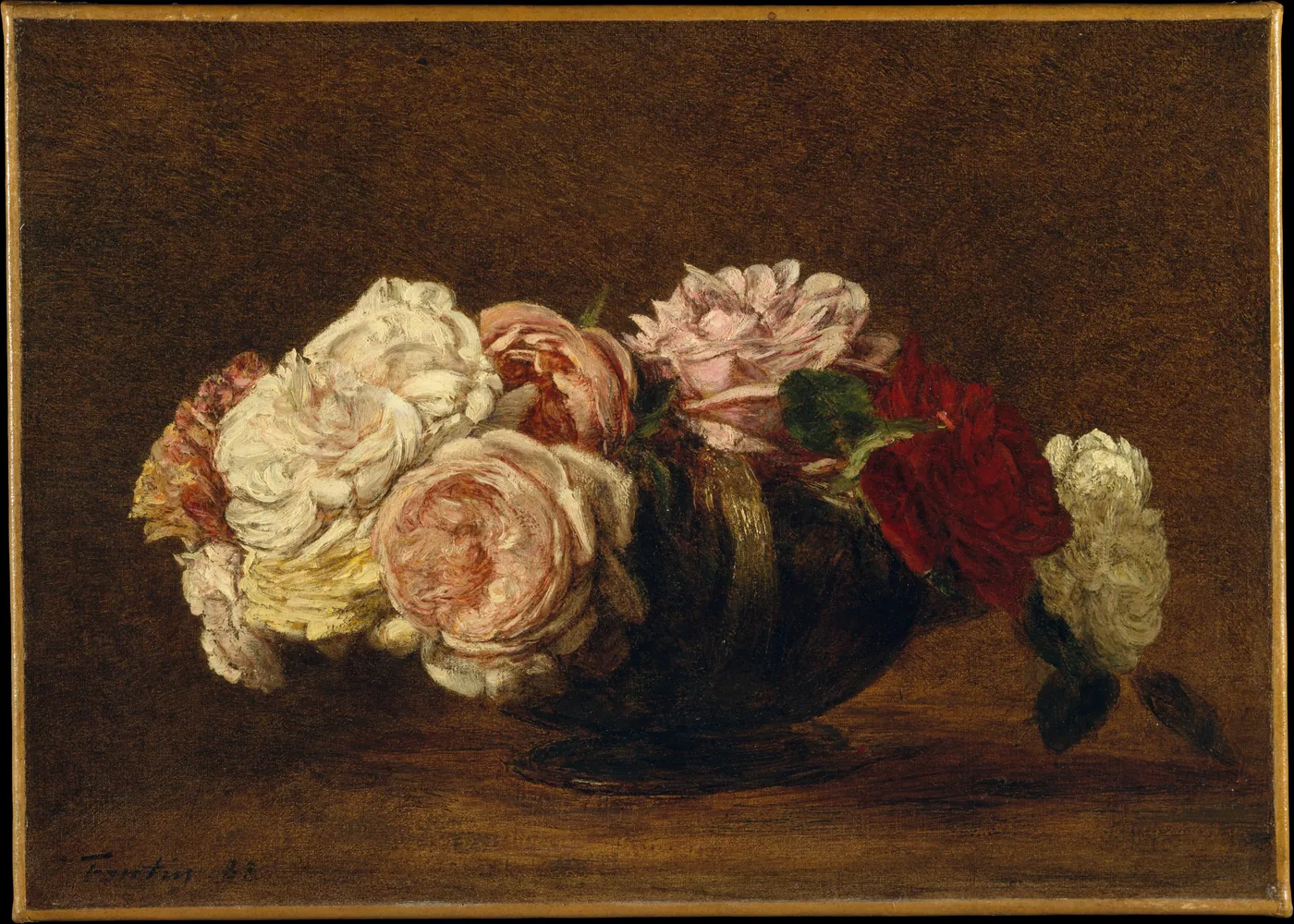 Cream, pink and deep red roses arranged low in a dark bowl on a wooden table, painted against a warm brown background.