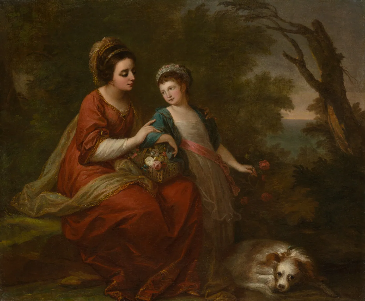 A mother in a red gown sits in a wooded landscape with her arm around her young daughter, who holds a basket of roses; a small spaniel rests at their feet.