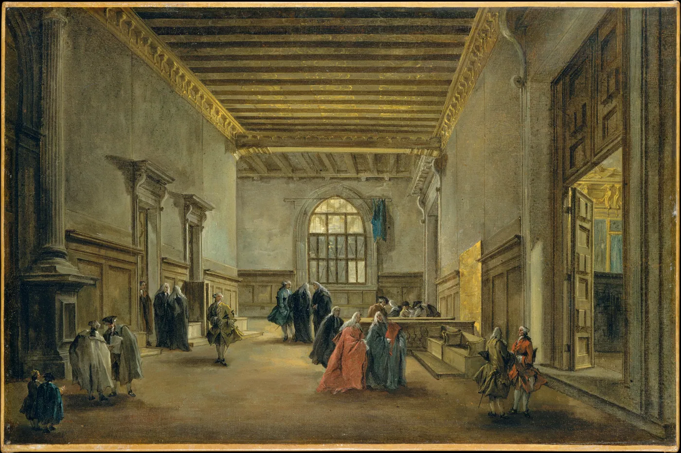 Venetian palace antechamber with a beamed gilt ceiling and tall arched window, where robed officials and visitors wait and confer in small groups
