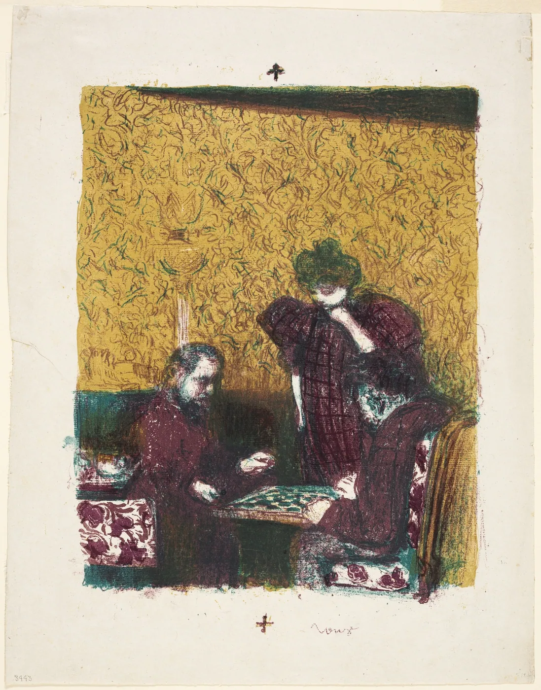 Color lithograph of two people at a checkerboard in an ochre-papered room while a woman stands beside them, hand to chin, considering the move