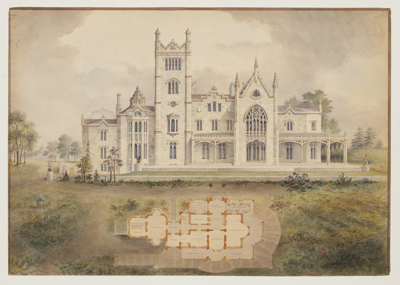 Watercolor architectural drawing of a pale stone Gothic Revival house with a tall tower, its floor plan laid out on the lawn below