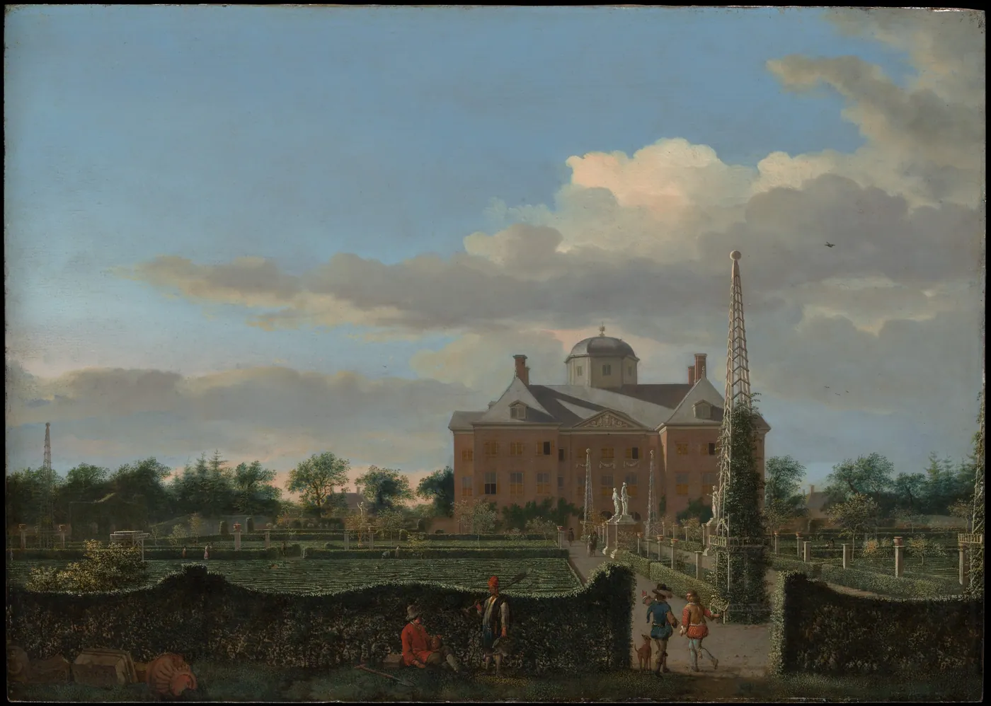 Brick country house with a domed cupola beyond clipped hedges and a formal garden under a wide cloudy sky, with small figures on the path
