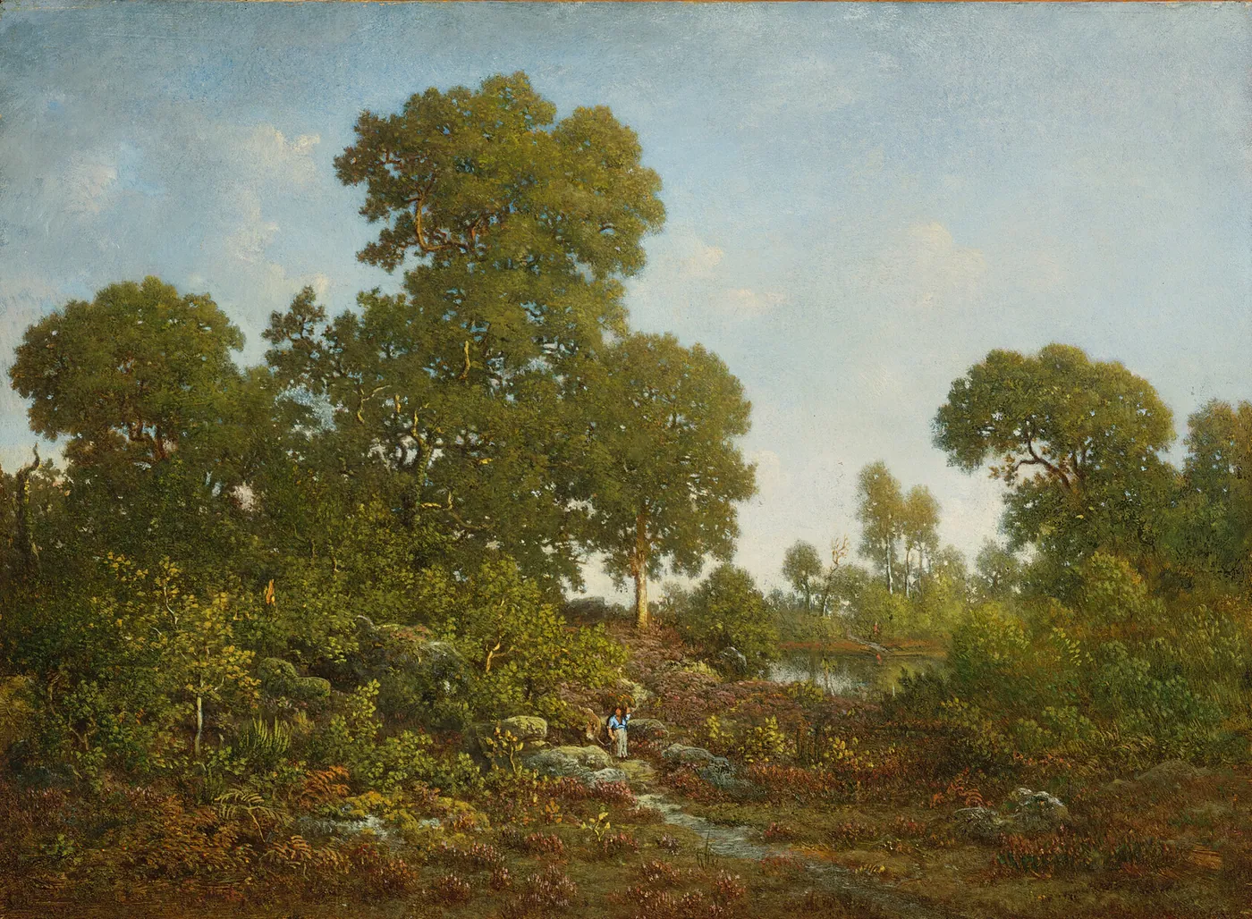 Sunlit spring woodland with tall oaks, heather and rocks, a small lone figure on a stony path leading toward a still pond under a pale sky