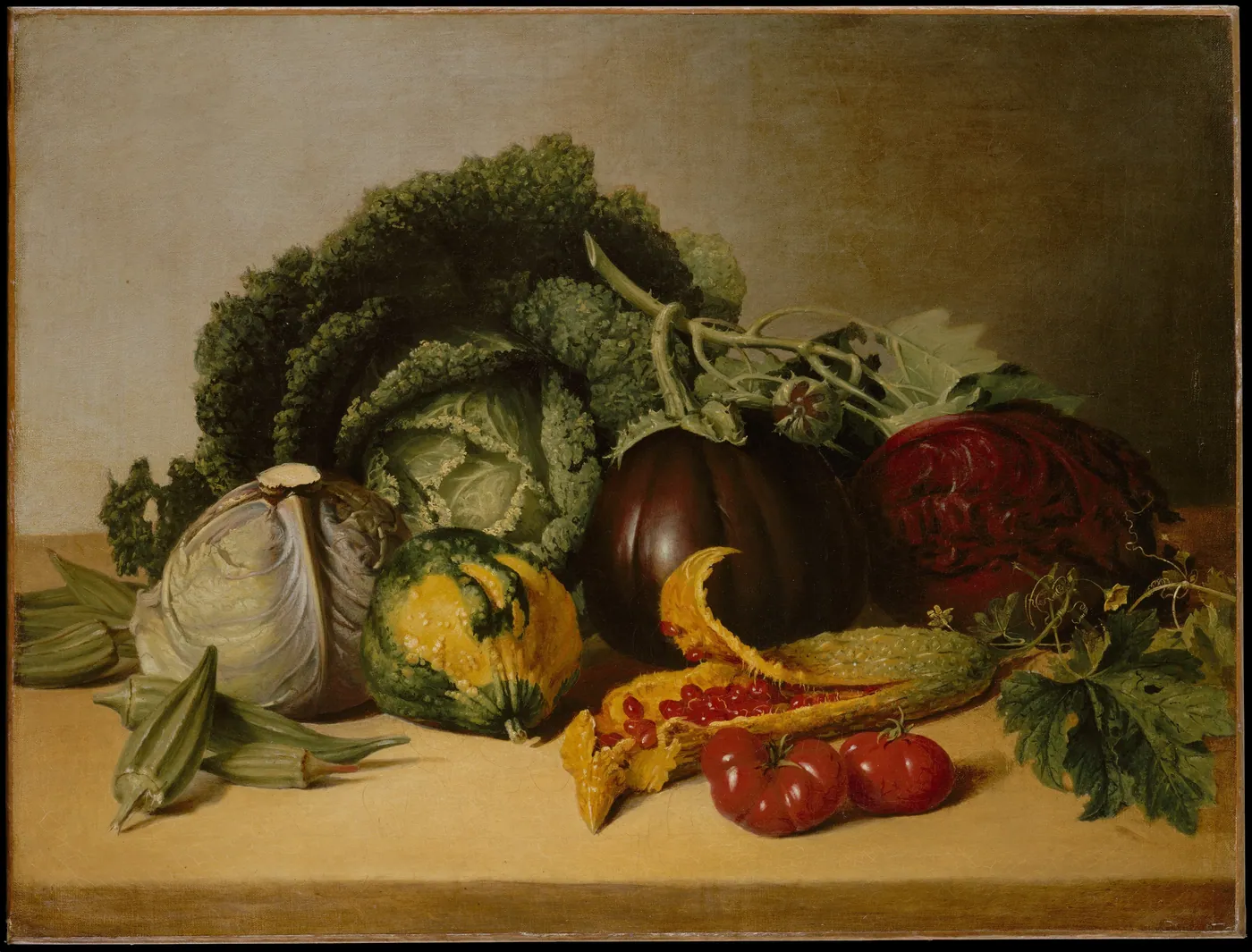 Oil still life of cabbages, a purple eggplant, a striped squash, okra, ripe tomatoes and a split balsam apple heaped on a plain wooden tabletop