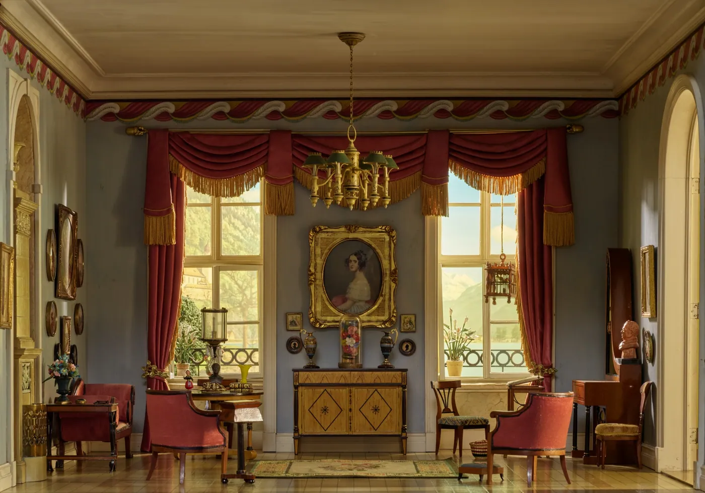 A miniature period sitting room with red swag curtains, a brass chandelier, framed portraits and fine furniture between tall windows.
