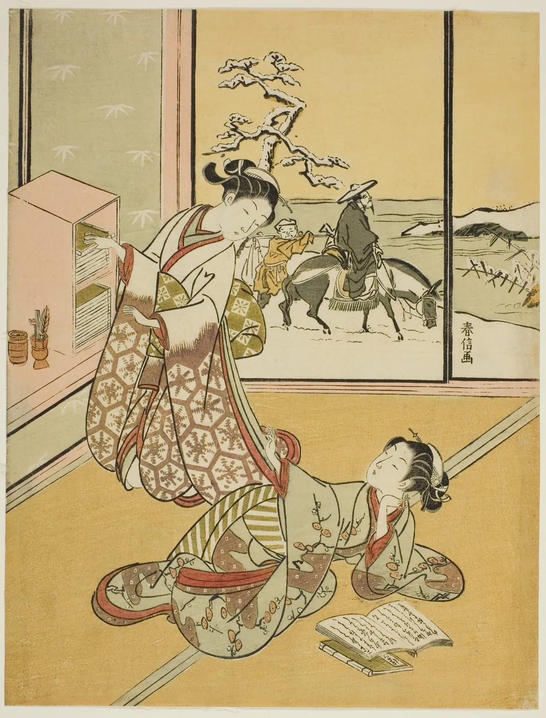 Japanese woodblock print of one woman taking a volume from a small bookcase while a second reclines beside an open book, a snowy landscape beyond