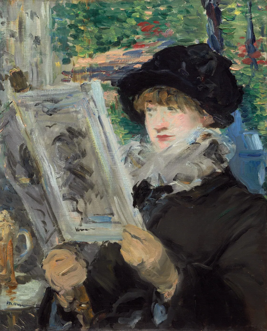 A young woman in a dark coat, fur collar and black hat reading an illustrated journal against a leafy garden background.