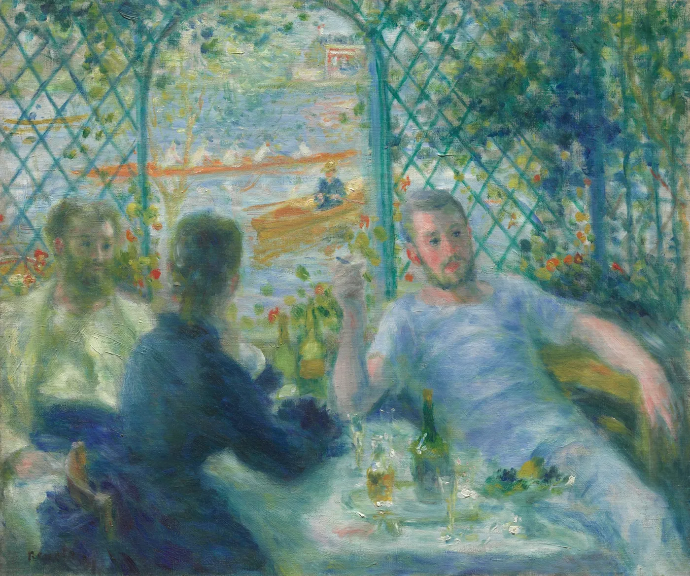 Two men and a woman linger over lunch at a table under a green trellis, with rowing boats on a sunlit river beyond