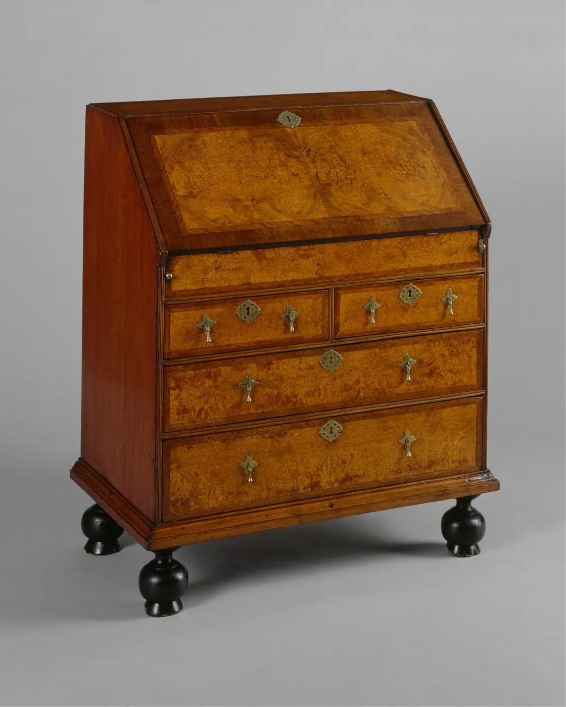 An early American slant-front desk in figured burl veneer with brass pulls and dark turned ball feet, on a grey ground.