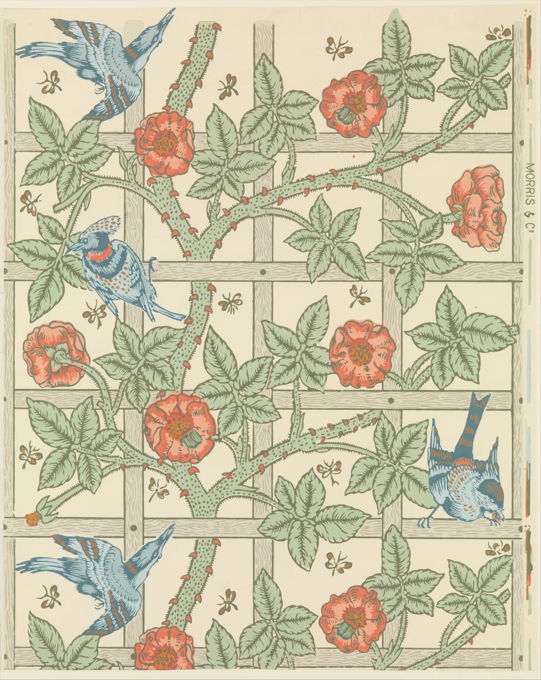 Wallpaper pattern of red roses and green leaves climbing a pale wooden trellis, with blue birds and small insects