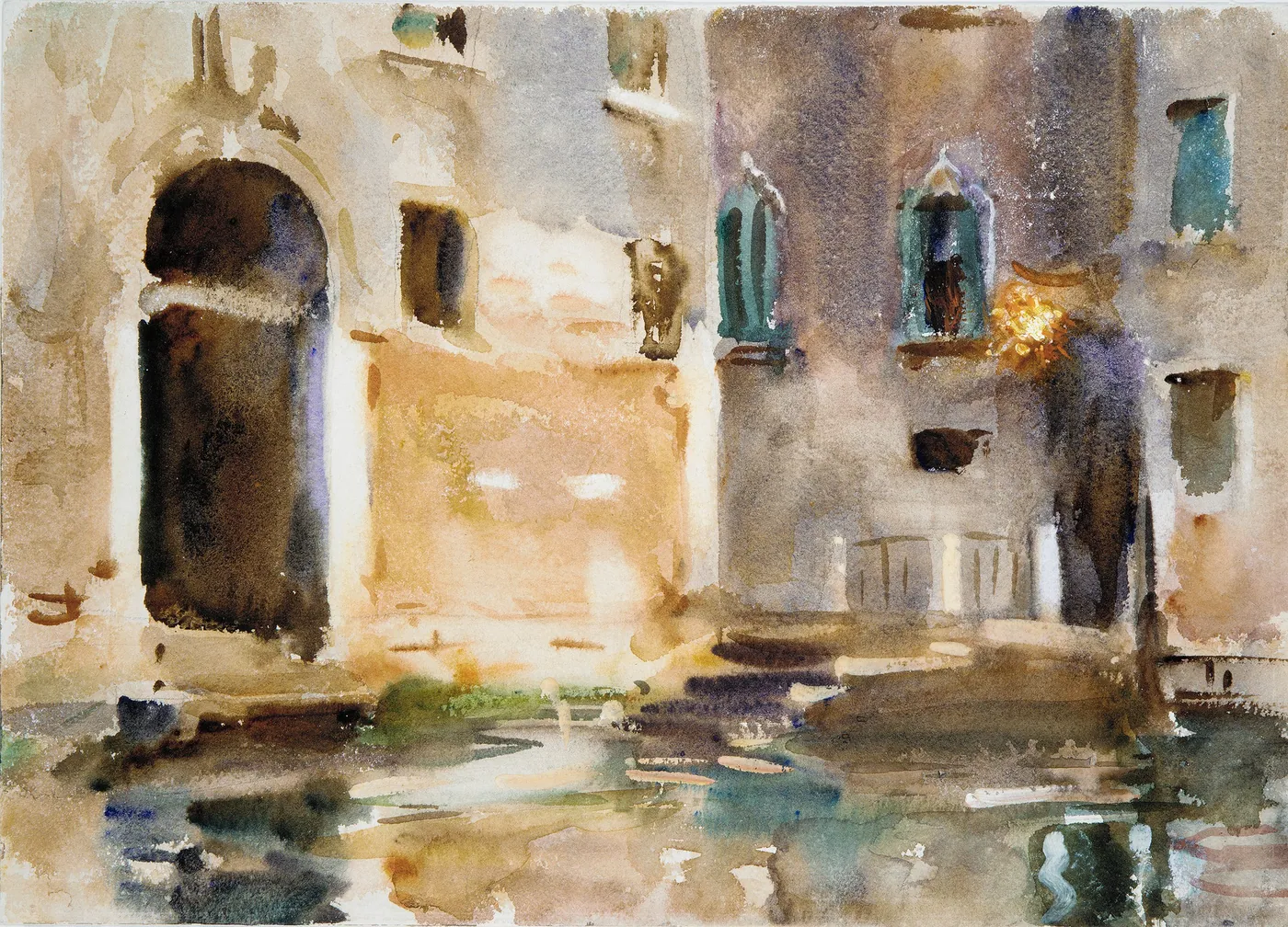 Watercolour of weathered Venetian facades with an arched doorway and green-shuttered windows rising from a canal
