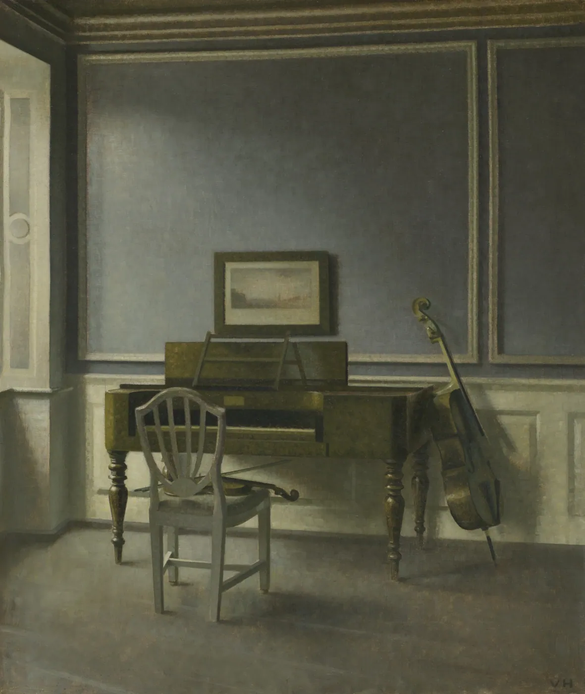 Quiet grey-blue panelled room with a square piano, a pale chair holding a violin, a cello leaning against the wall and a framed print above