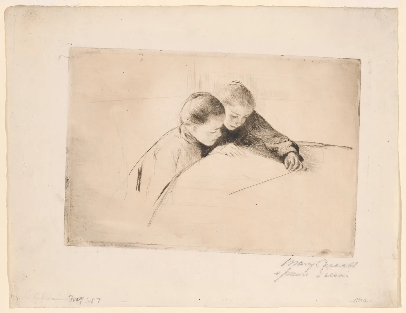 Delicate drypoint of two young women leaning together over a large map spread on a table, one resting her hand on it