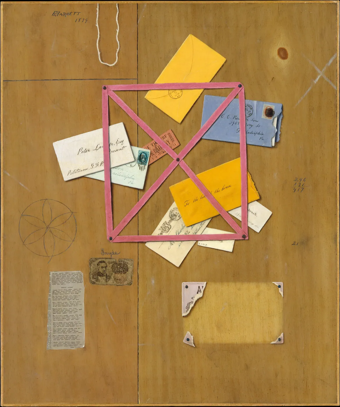 Trompe-l'oeil painting of envelopes, cards and a clipping tucked behind crossed pink tapes on a plain wooden board