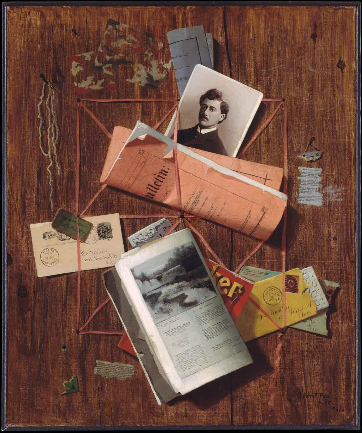 Trompe-l'oeil painting of a wooden board with red tapes holding letters, stamped envelopes, a newspaper, a magazine, and a portrait photograph.