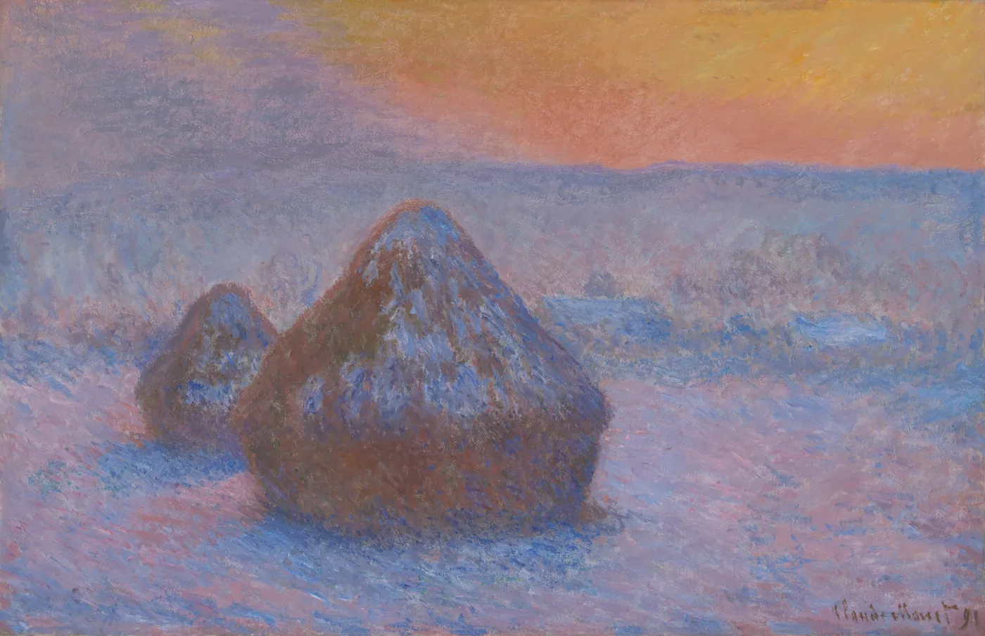 Two large stacks of wheat in a snow-covered field under a glowing orange and violet winter sunset.