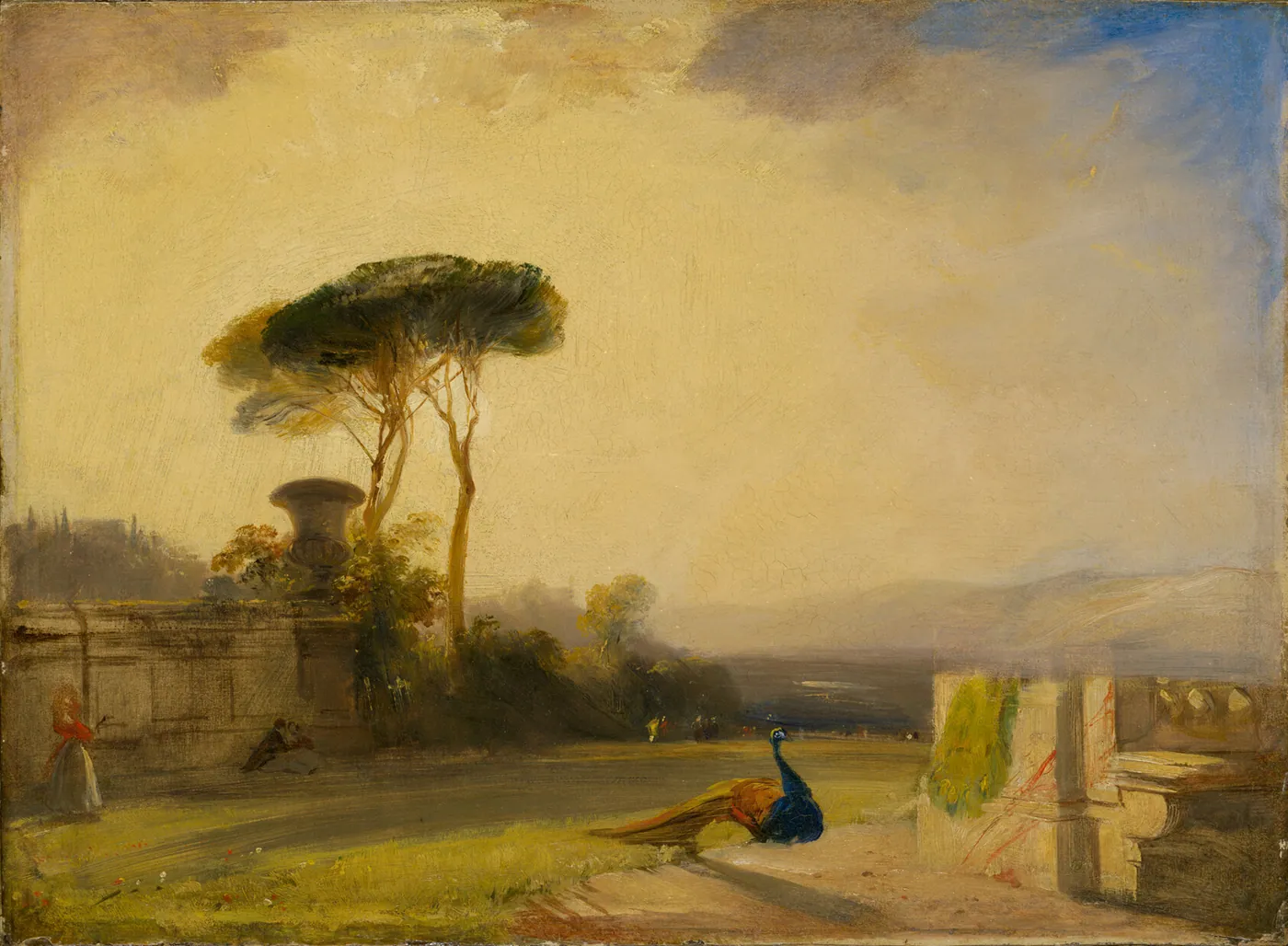 Sunlit villa terrace with a stone urn, tall umbrella pines, a peacock on the lawn, and distant hills under a golden sky.