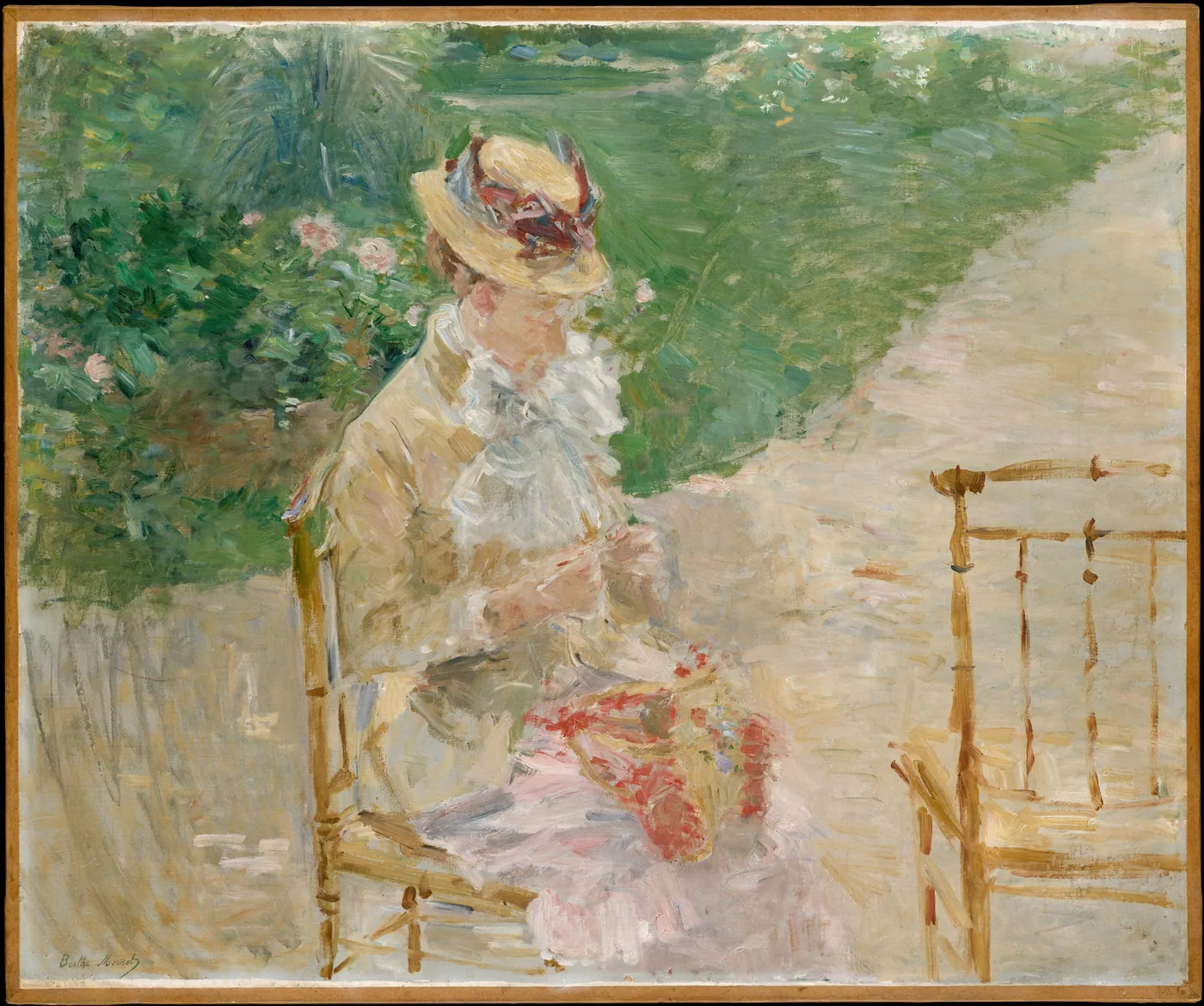 A young woman in a straw hat and pale dress sits knitting on a cane chair in a sunlit garden, painted in loose strokes.