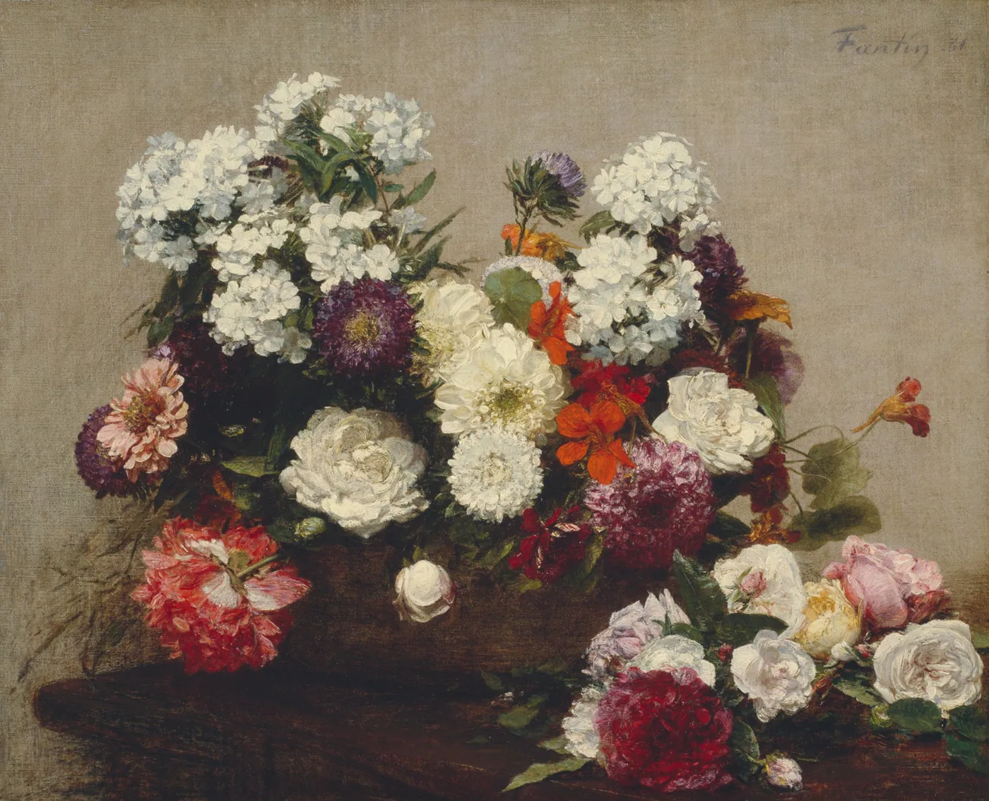 Lush bouquet of white phlox, asters, dahlias, peonies and orange nasturtiums, with loose roses spilling across a dark table against a grey-brown wall
