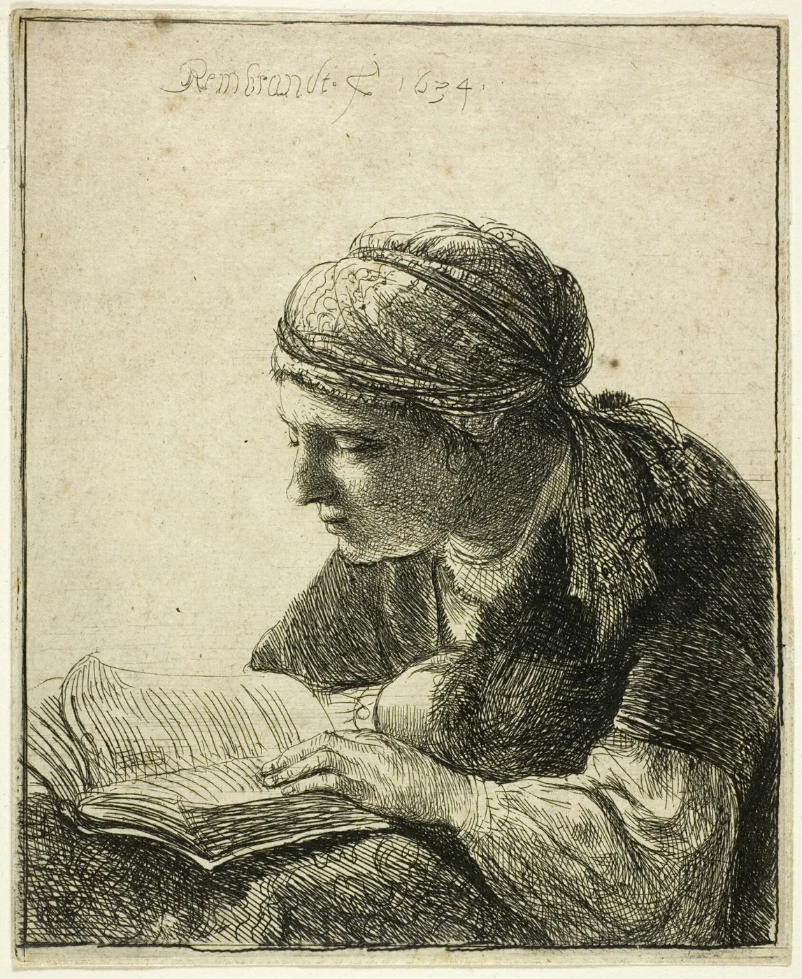 Etching of a woman in a headscarf leaning over an open book, reading closely with one hand resting on the page