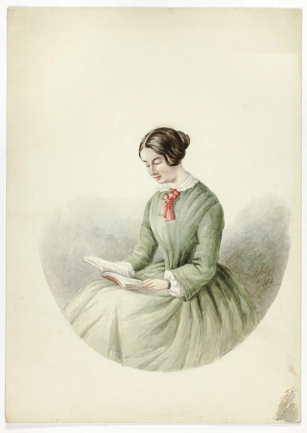 Watercolour of a dark-haired woman in a green dress with a red bow at her collar, seated and calmly reading an open book