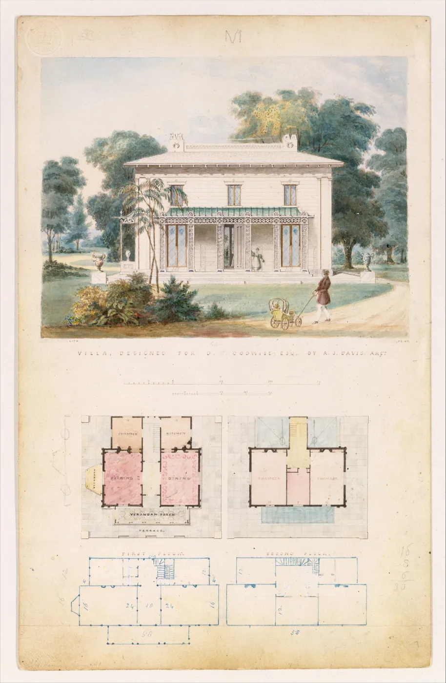 Watercolour architectural drawing of a pale two-storey villa with a green-roofed veranda among trees, above tinted floor plans of its rooms