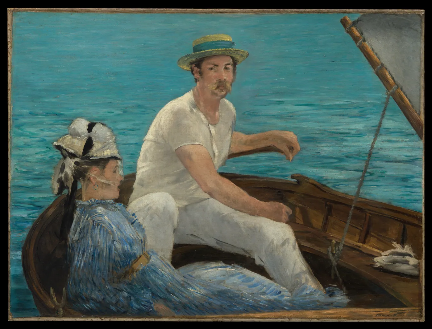 Painting of a man in white and a straw hat at the tiller of a sailboat, with a woman in a blue-striped dress seated beside him against turquoise water