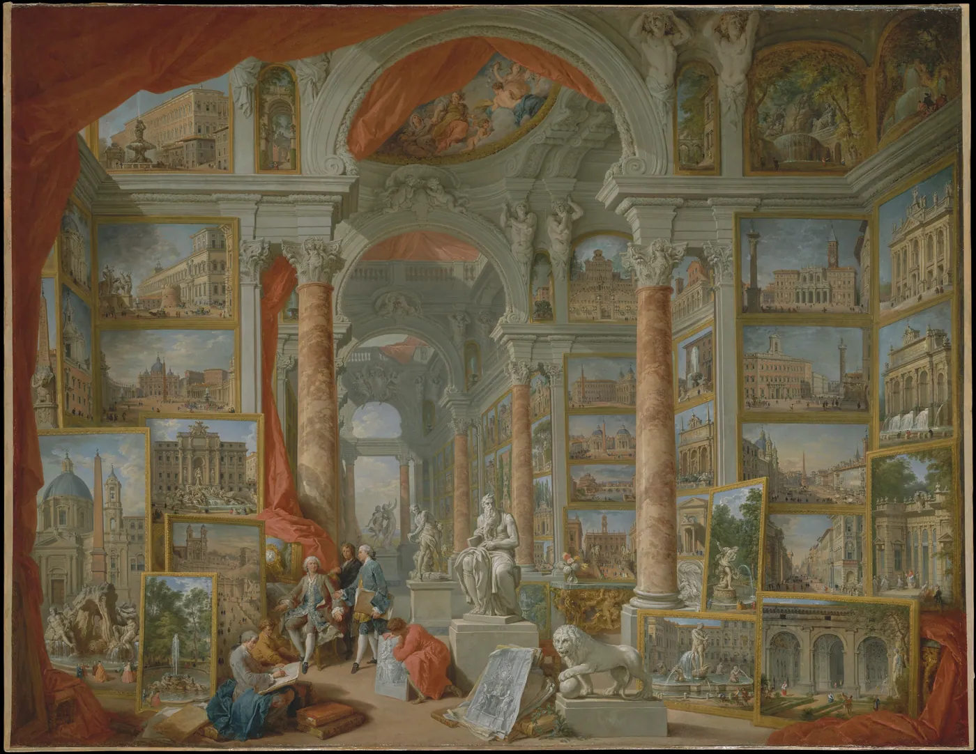 Grand picture gallery hung floor to ceiling with painted views of Rome, with visitors studying the canvases among columns and statues