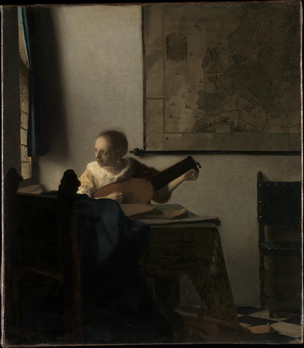 A young woman tuning a lute at a table glances out of a window, a large map of Europe hanging on the wall behind her