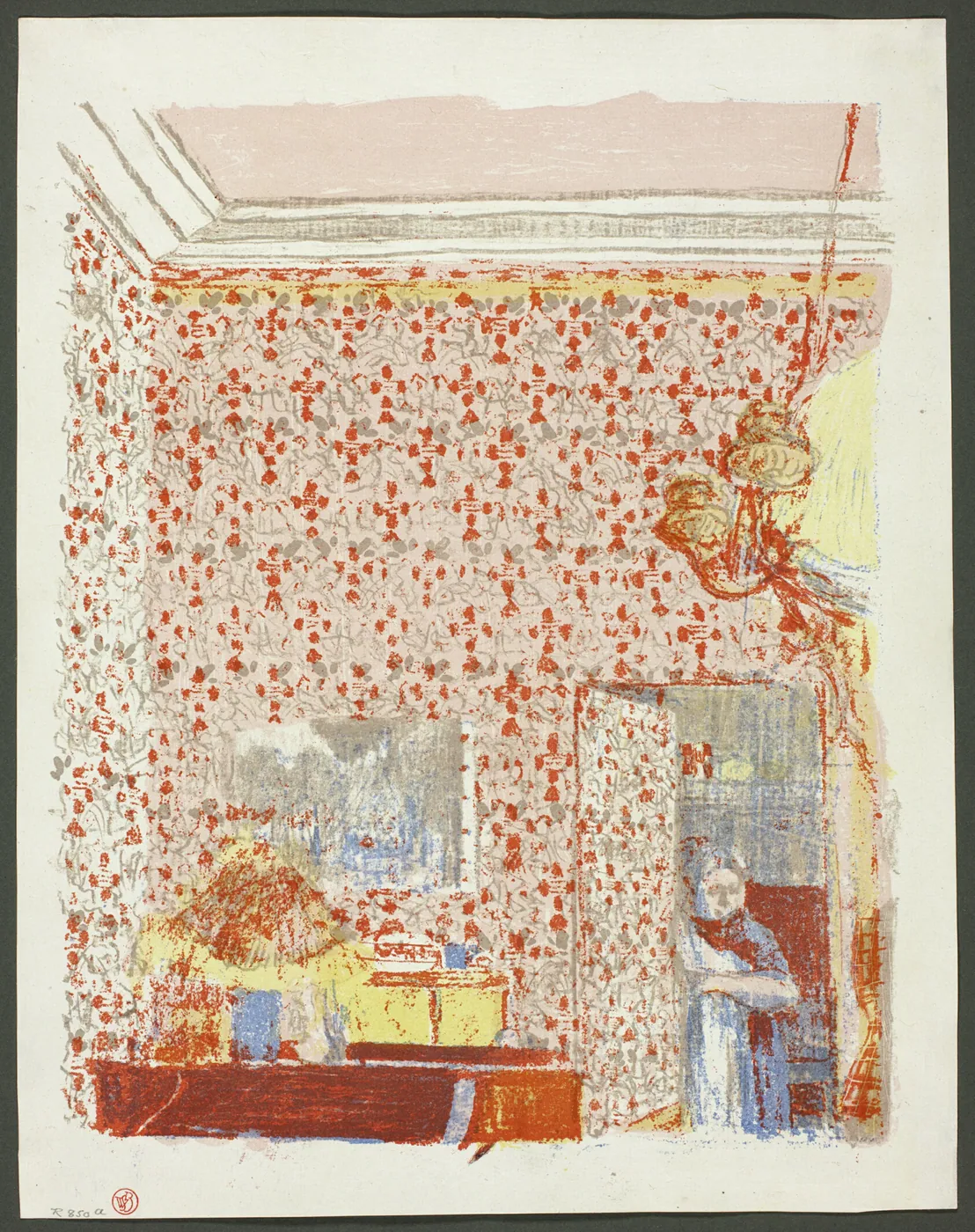 Colour lithograph of a room with patterned pink wallpaper, a hanging lamp and a table, and a figure glimpsed through a half-open door beyond