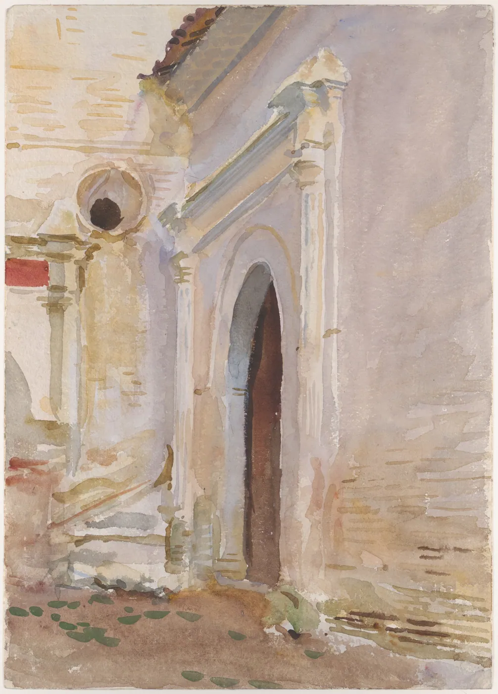 Watercolour of a tall closed wooden door set deep within a pale arched stone doorway in a sunlit whitewashed wall
