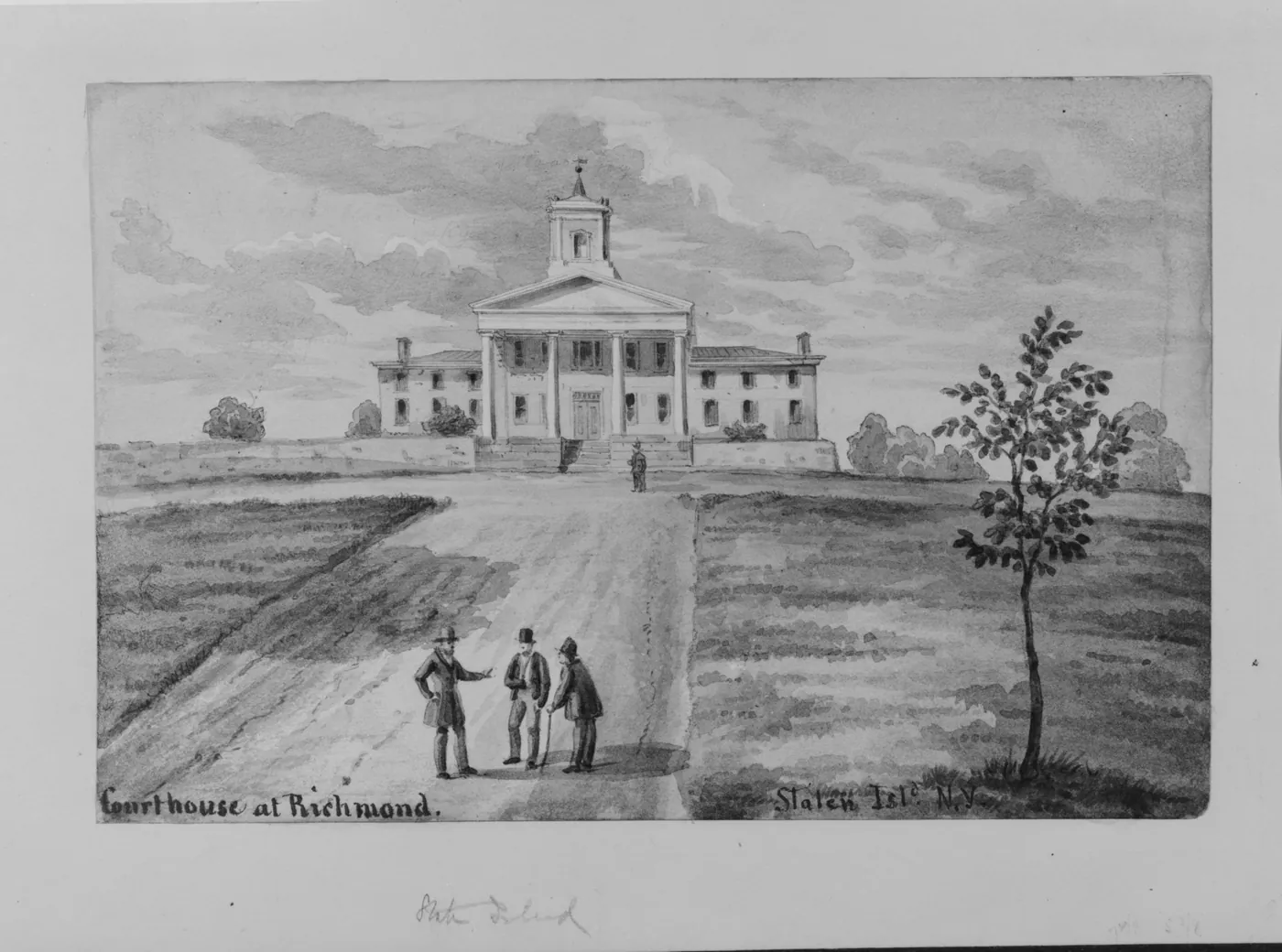 Grey wash drawing of a modest columned courthouse with a cupola at the end of a broad path, three men talking in the foreground.