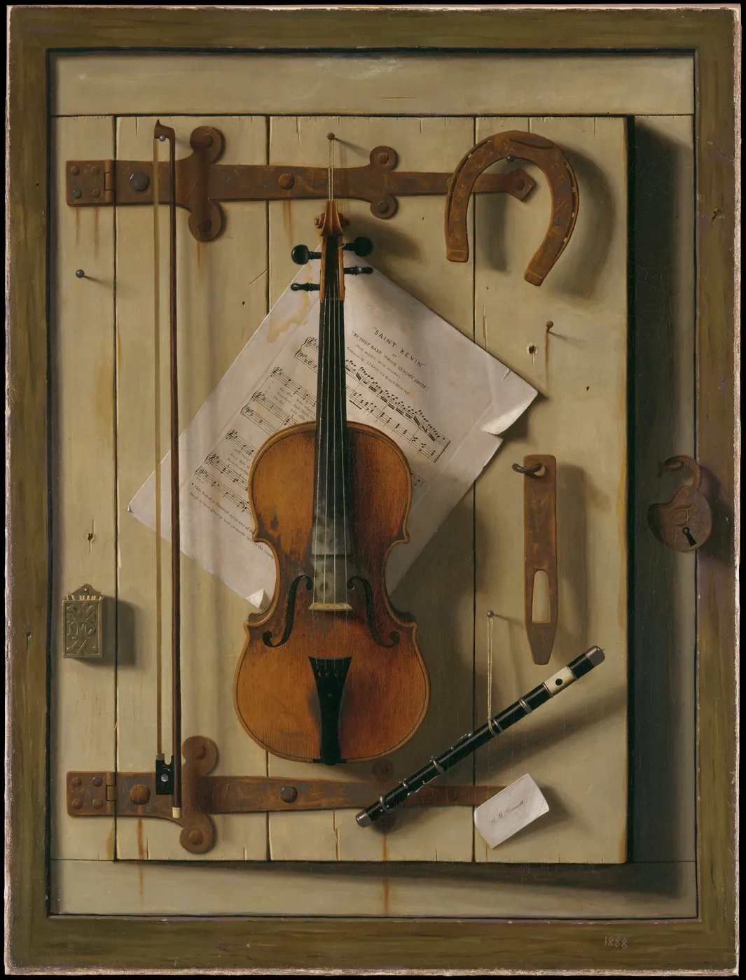 Trompe-l'oeil painting of a violin and bow, sheet music, a flute, a horseshoe and a padlock hanging on an old wooden door with iron hinges