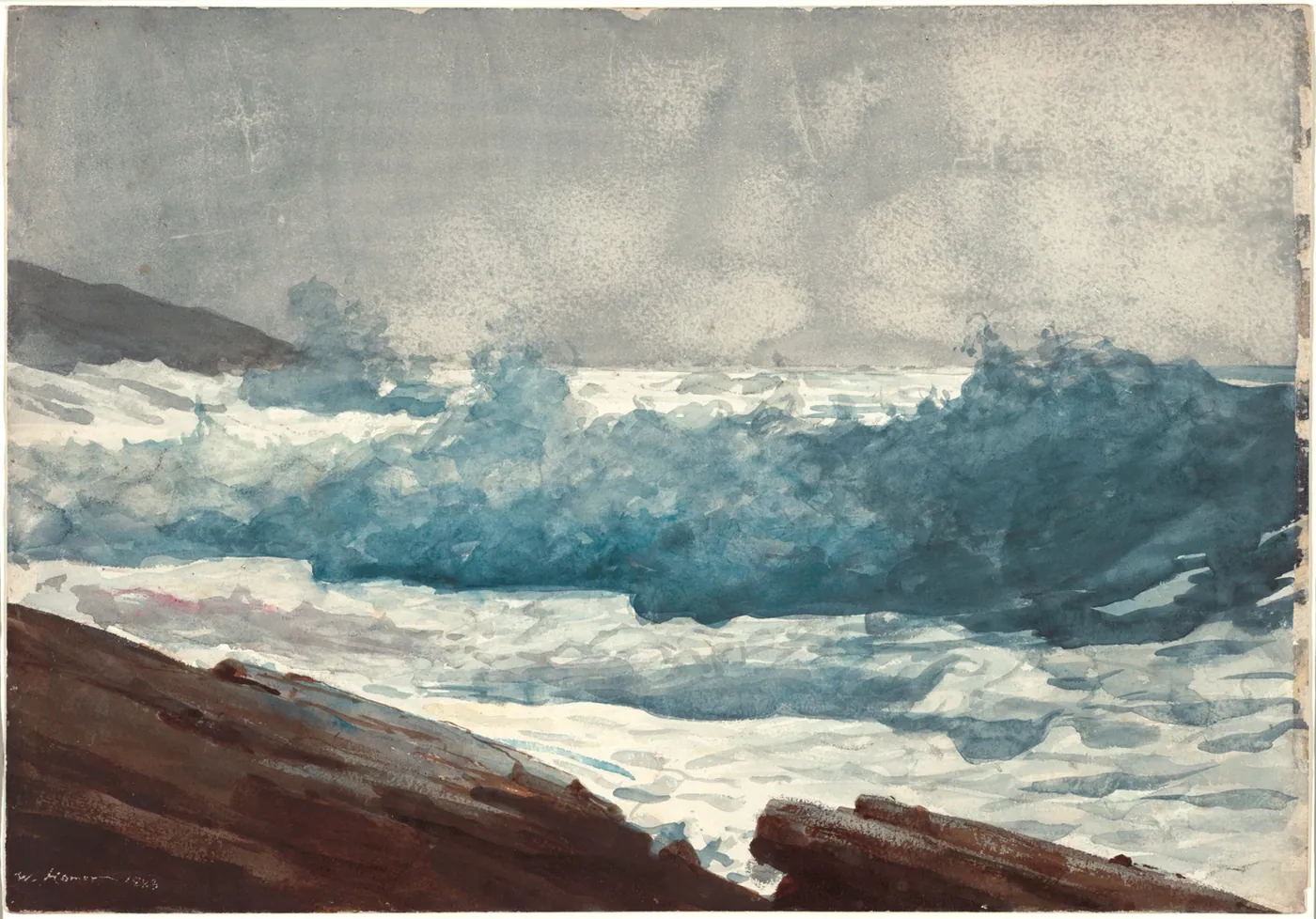 Watercolour of blue-green waves breaking into white surf against dark brown rocks in the foreground under a grey sky on the Maine coast
