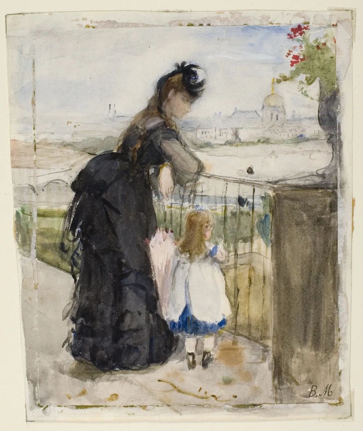 Watercolour of a woman in a dark dress leaning on a balcony railing beside a small girl in a white pinafore, looking out over Paris