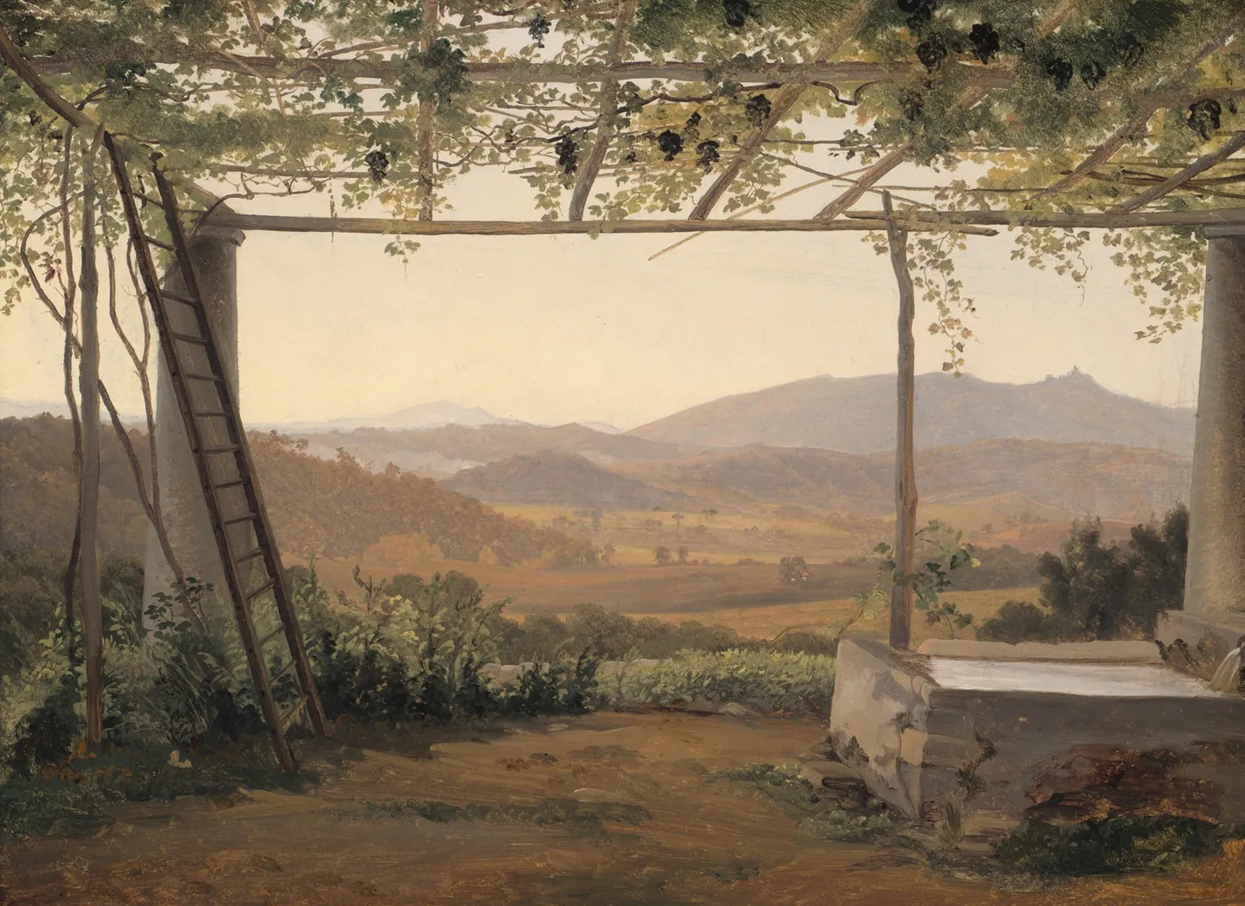 Oil sketch of a vine-covered pergola framing a view of hazy Italian hills, with a wooden ladder at left and a stone fountain basin at right
