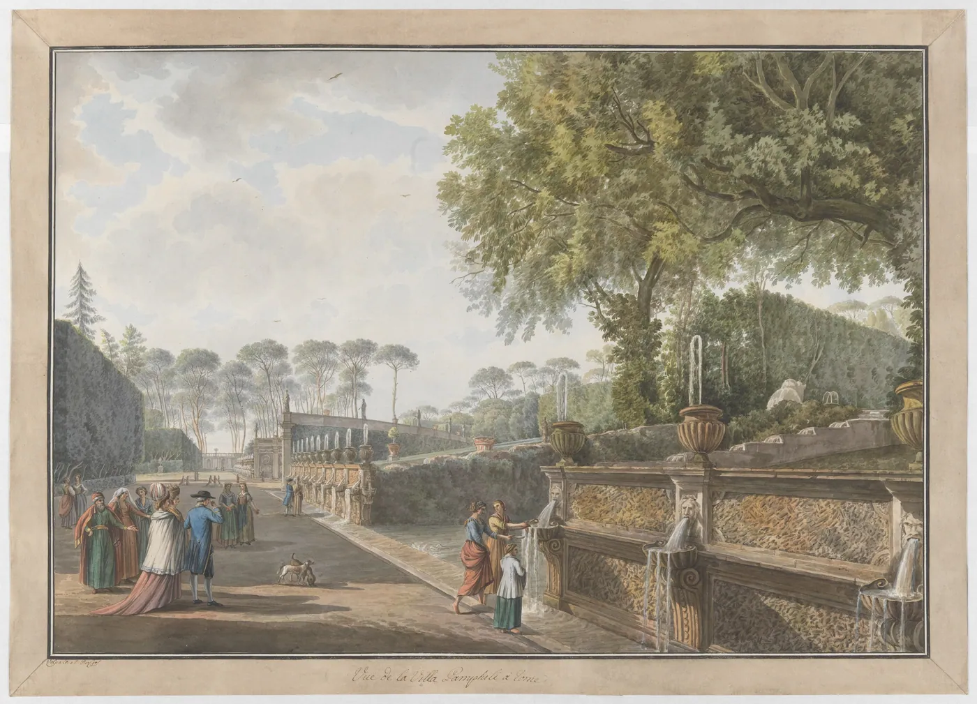 Hand-coloured print of a formal Roman garden, with fountains along a carved stone balustrade, tall hedges and strolling visitors.