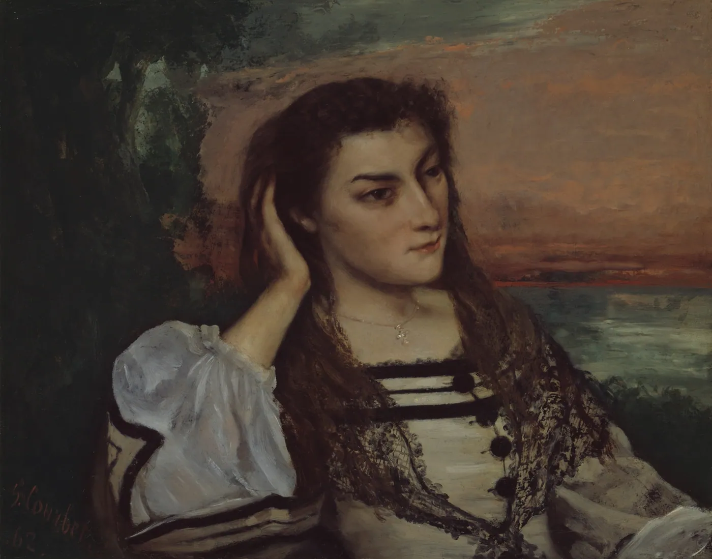 A painted portrait of a young woman resting her head on her hand and gazing to the side, before a sunset sky over water.