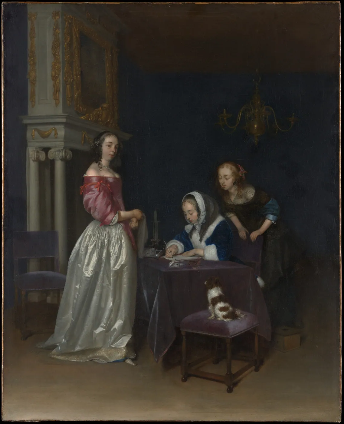 A seated woman writes a letter at a draped table while one companion leans over her shoulder and another stands in white satin