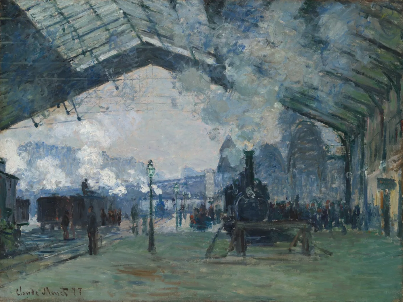 Painting of a steam locomotive arriving under the glass-and-iron shed of a Paris station, with billowing steam and waiting crowds
