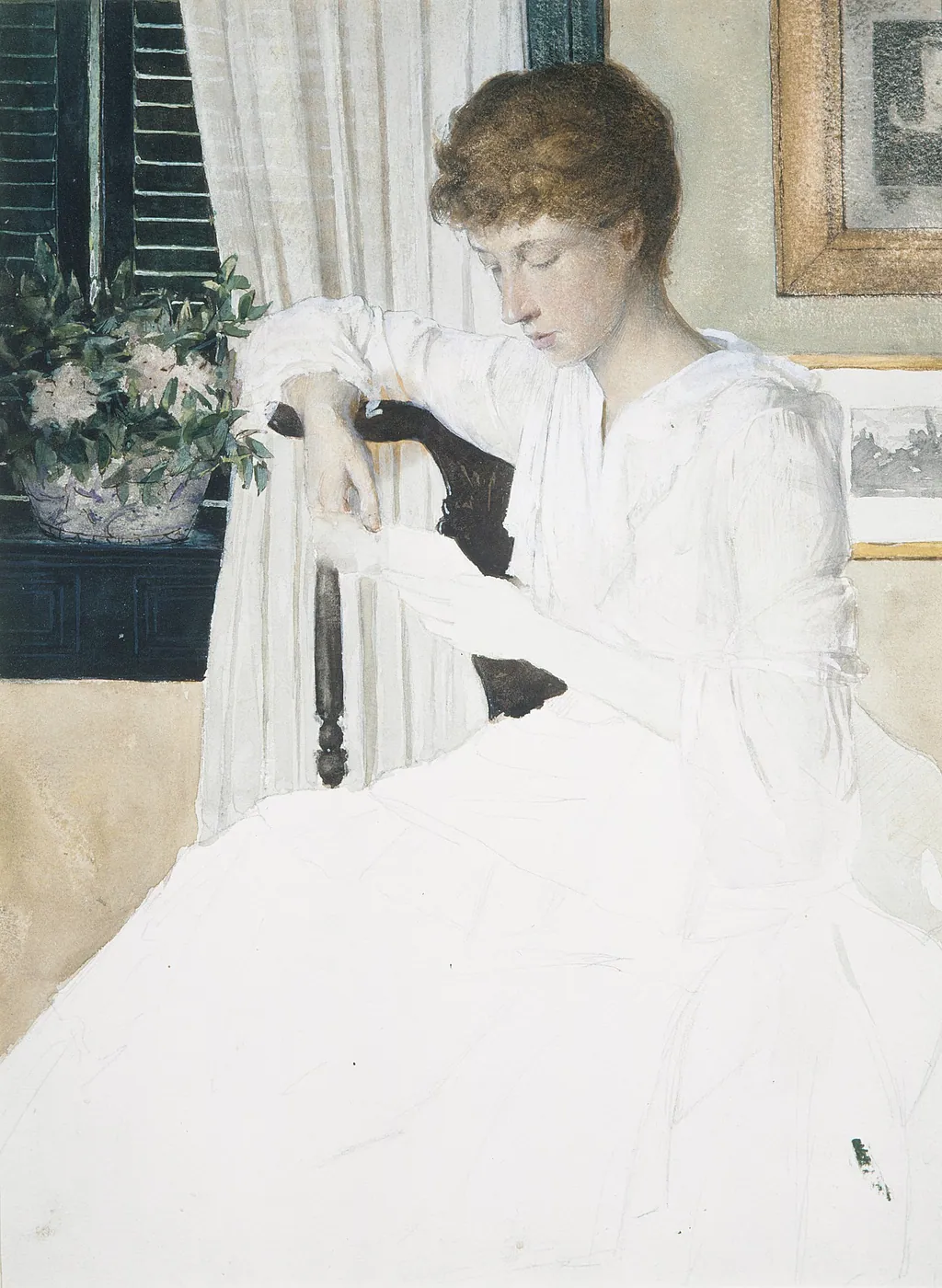 A woman in a white dress sits in a dark wooden chair by a curtained window with a potted plant, quietly reading a letter