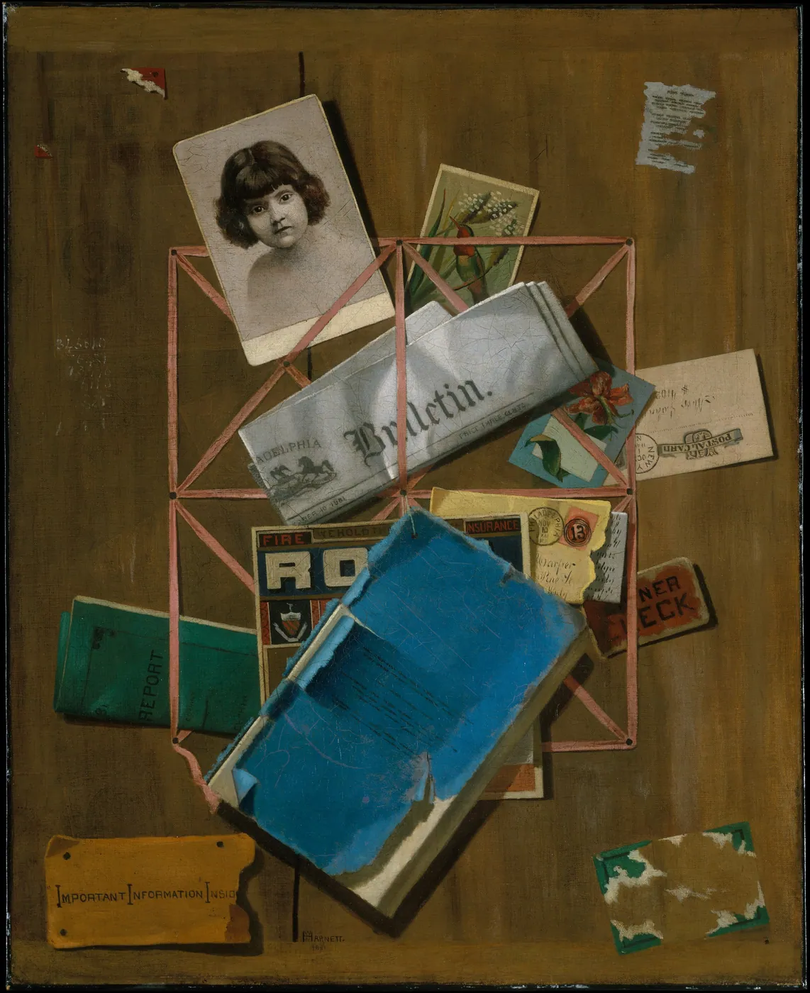 A trompe-l'oeil letter rack on a wooden board holding a newspaper, a worn blue booklet, postcards, a photograph and a tag