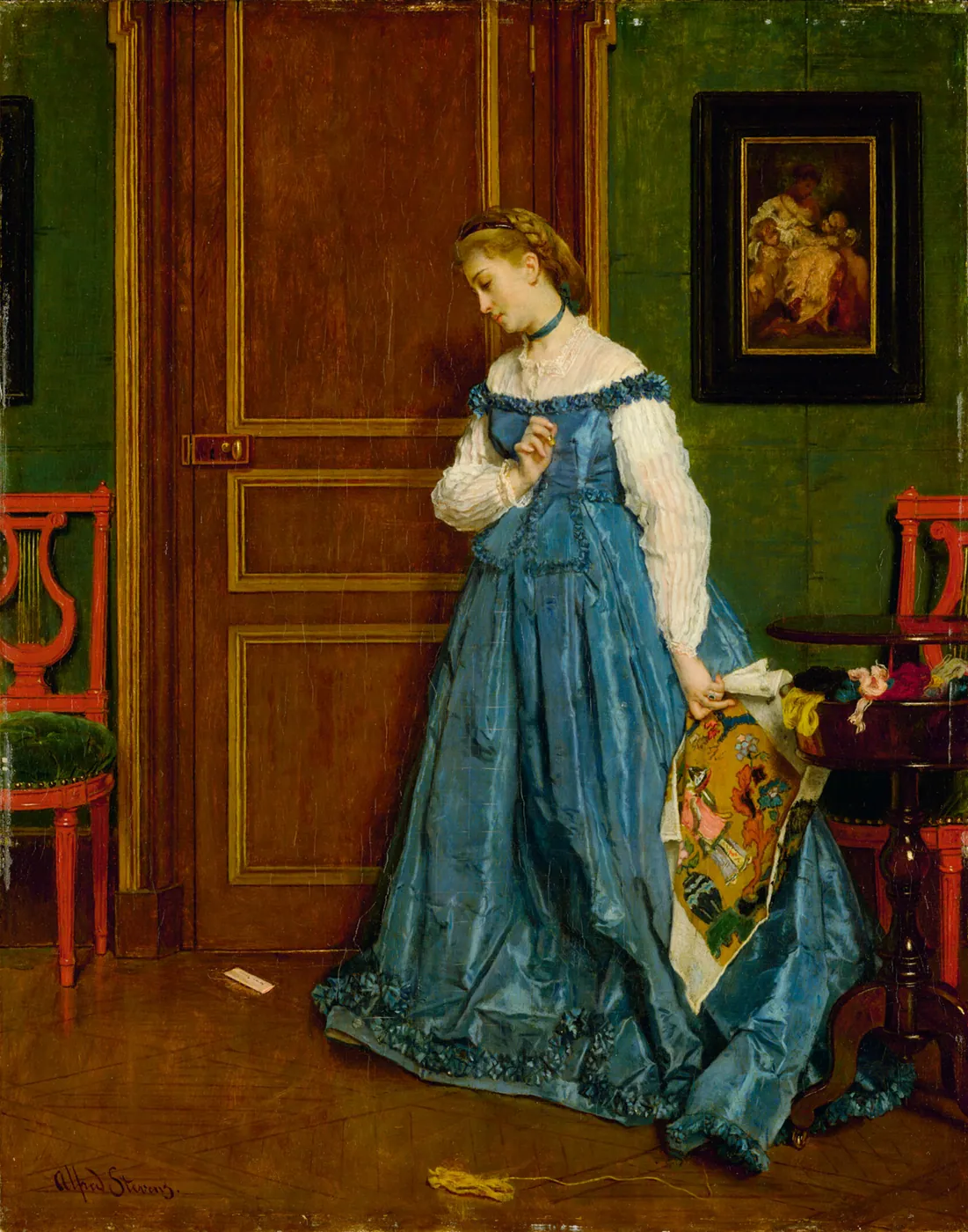 A woman in a blue silk gown pauses beside a closed panelled door, looking down thoughtfully, holding needlework, in a green-walled parlour