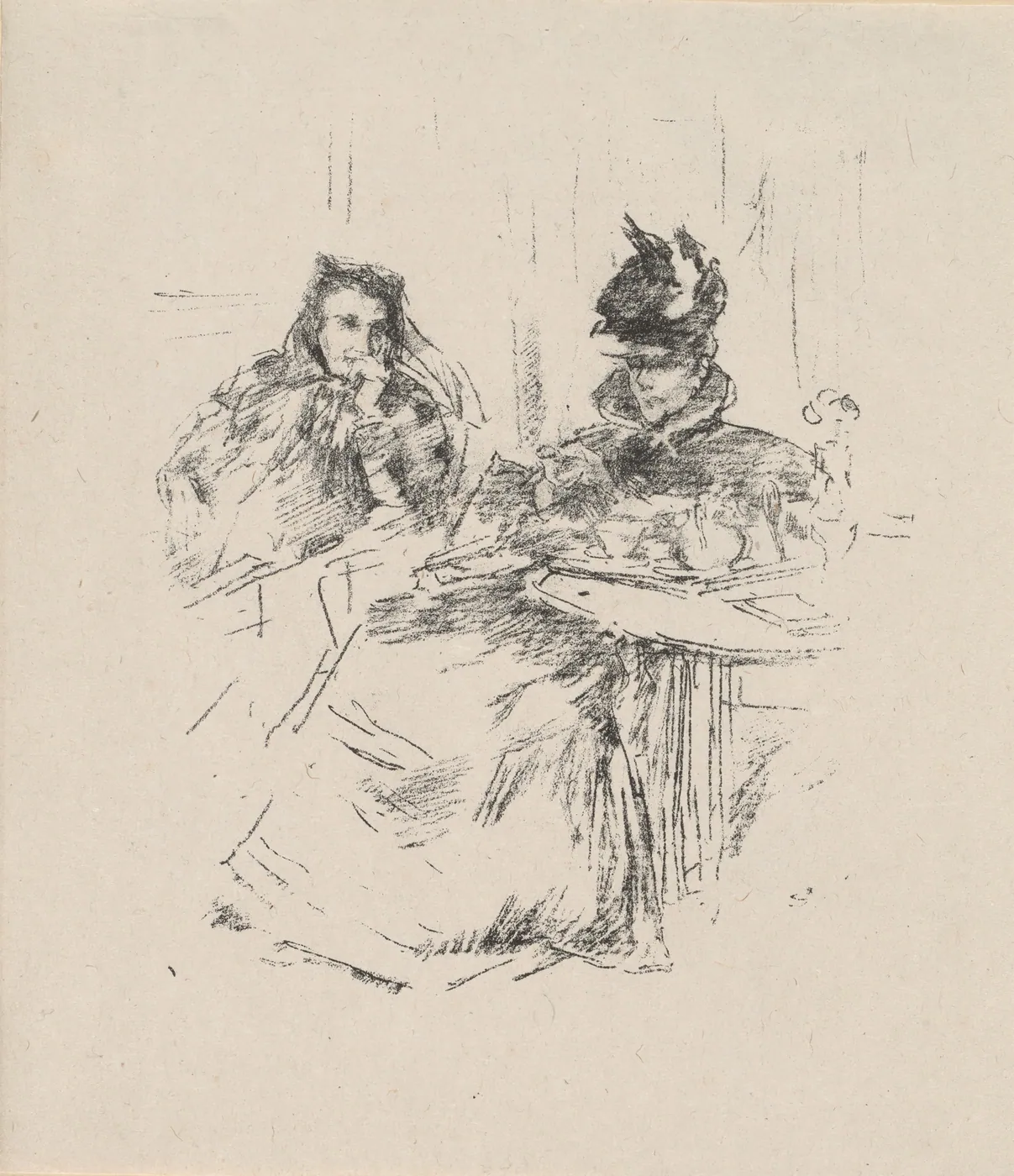 A loose lithograph sketch of two women in hats seated together at a small tea table, one resting her chin on her hand as the other pours.
