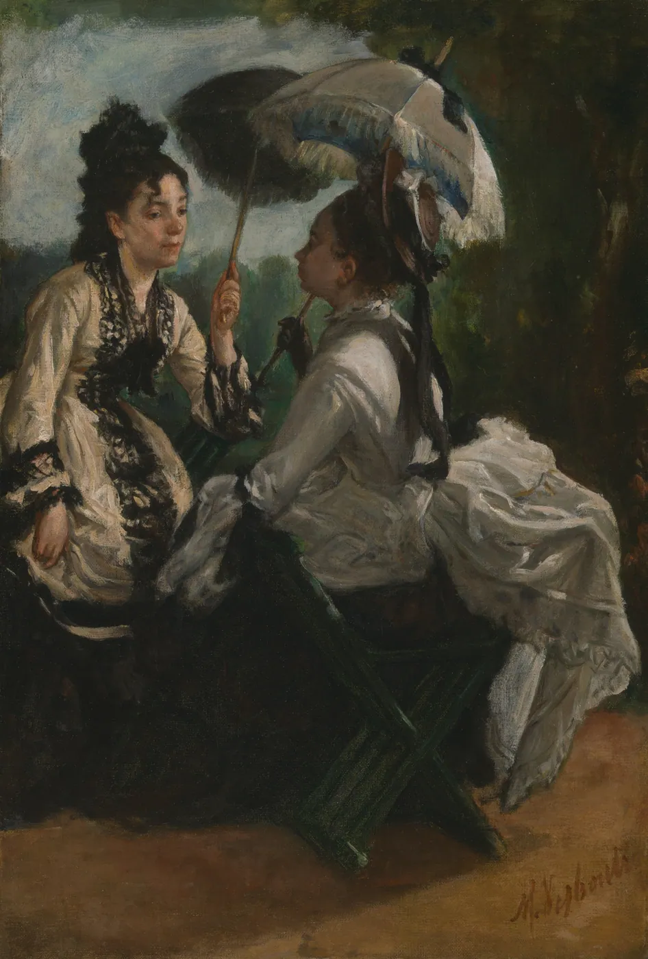 Painting of two women in pale gowns seated outdoors on a green bench under a parasol, turned toward each other in conversation