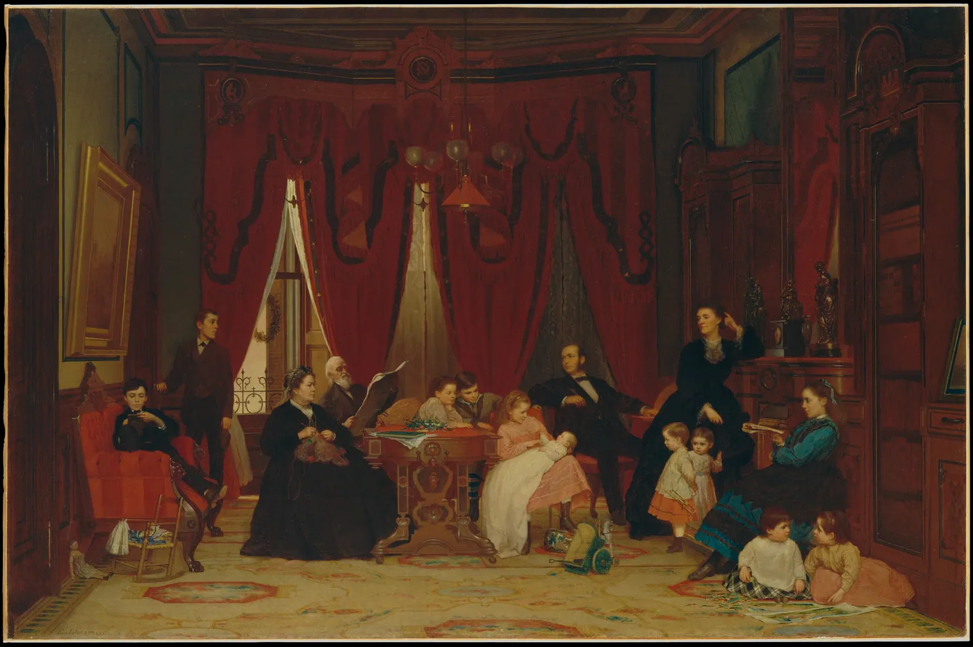 Painting of three generations of a family gathered in a red-draped library, grandparents reading and knitting, parents and children around them