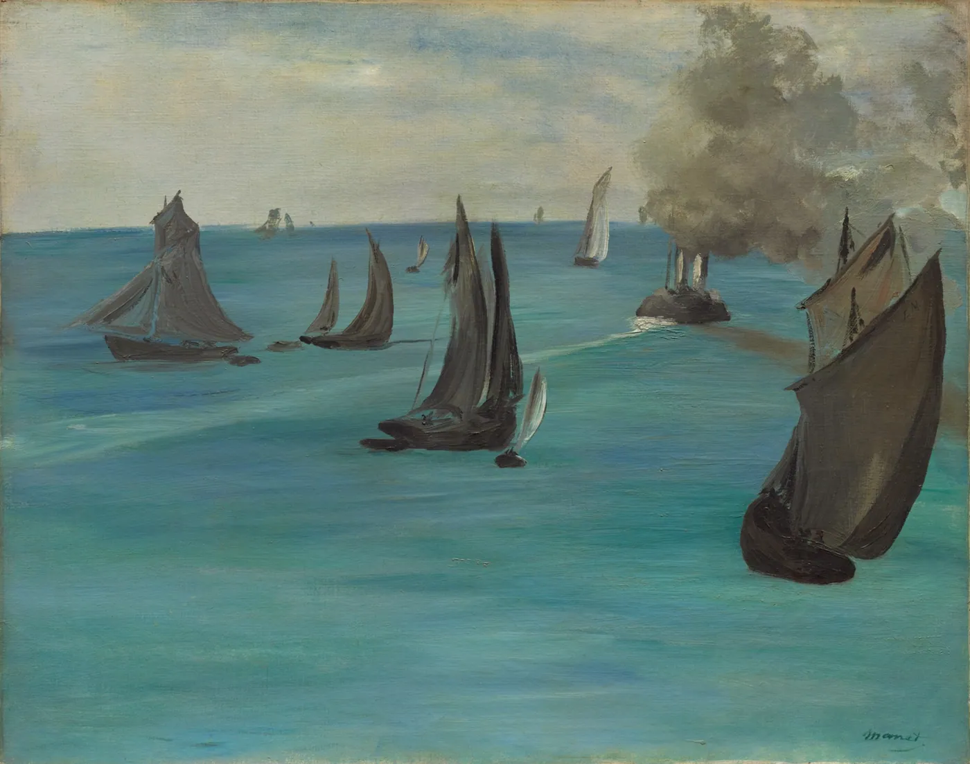 Sailing boats with dark sails glide across a calm turquoise sea while a steamship trails smoke on the horizon.