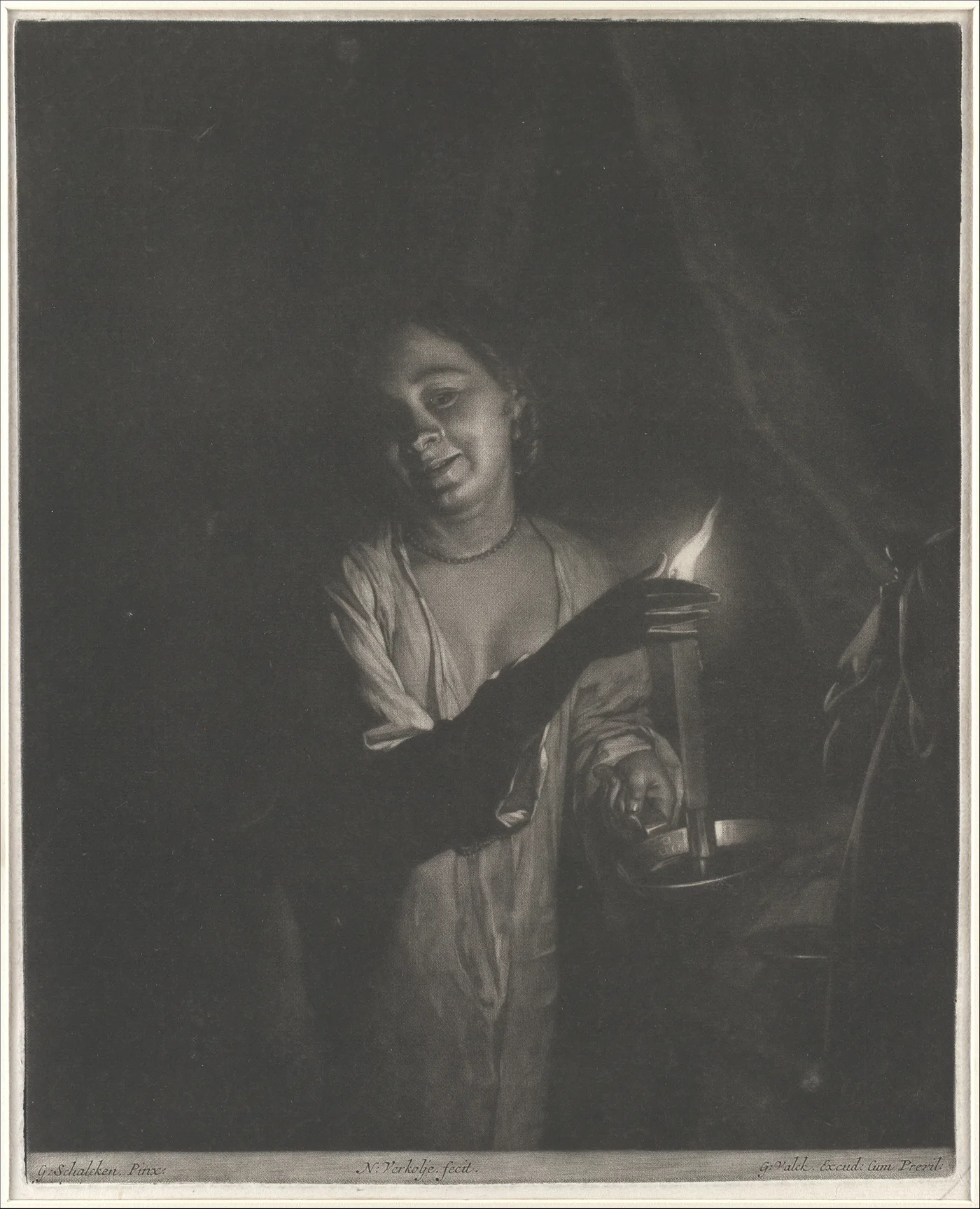 A young woman holds a single candle in a dark bedchamber, lighting the room during the night
