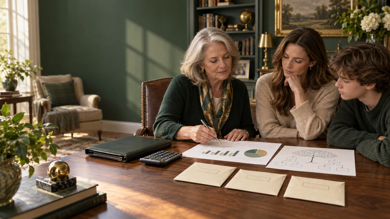 A widowed grandmother teaches her adult daughter and teenage grandchild to read a portfolio summary and family trust roadmap.