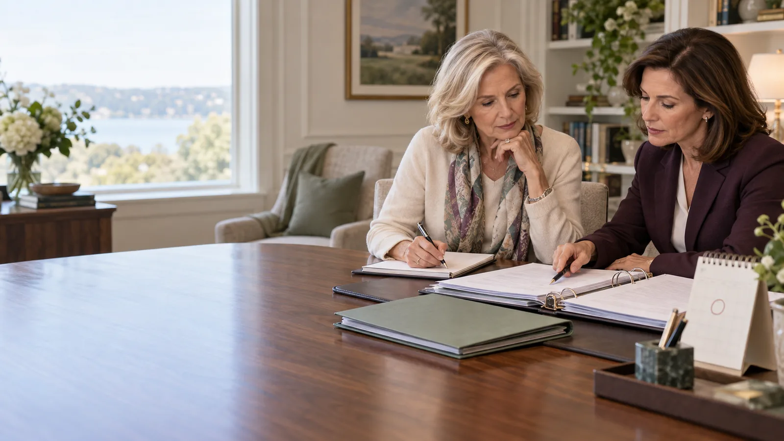 A widow and estate tax adviser reviewing a valuation binder and filing calendar